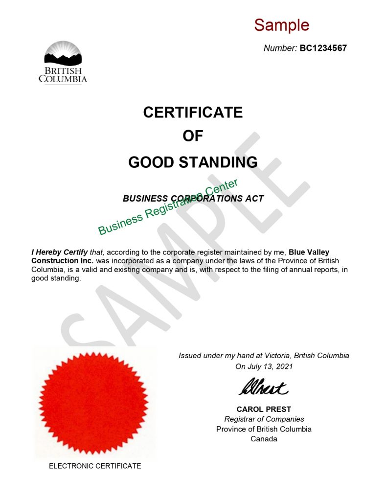 Sample for Certificate of Good Standing Business Registration Center