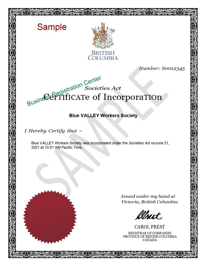 Sample for Certificate of Incorporation Business Registration Center