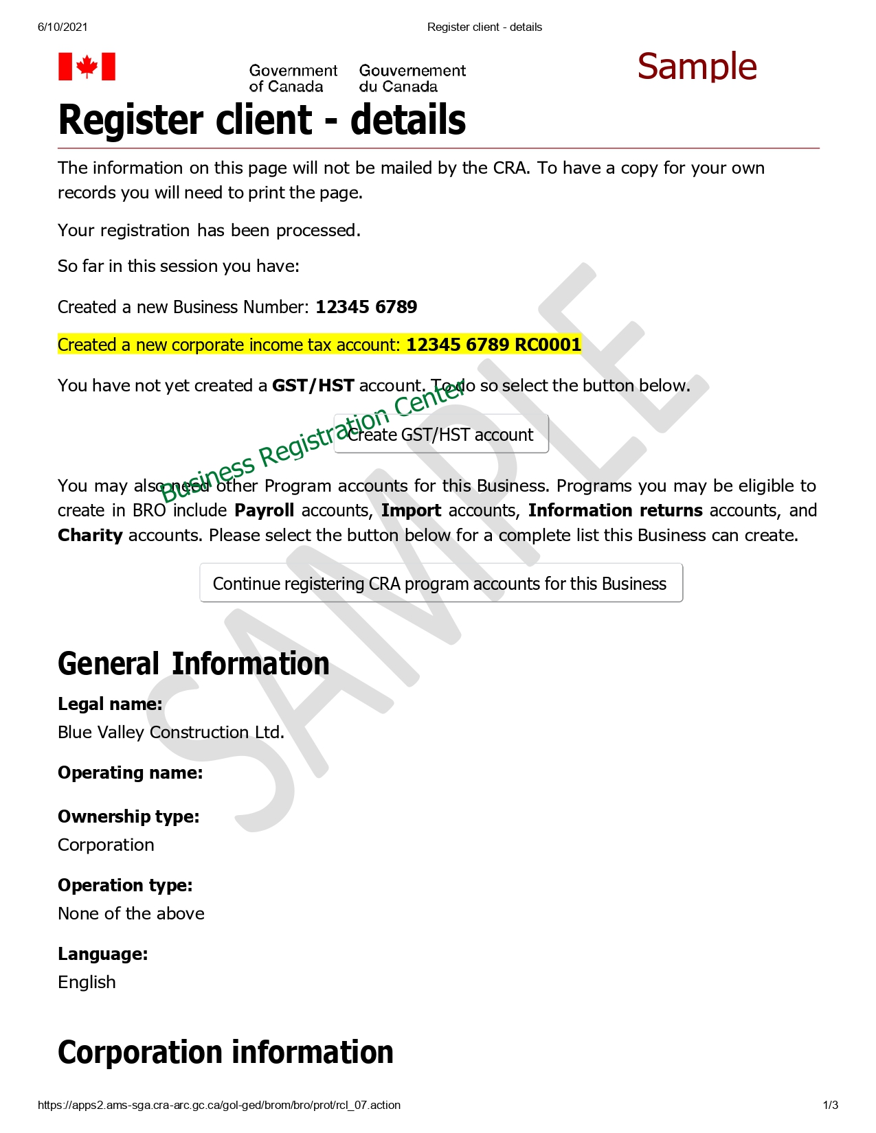 Sample Of CRA Program Accounts Business Registration Center