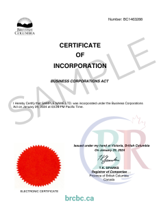 BRC BC Certificate of Incorporation Sample